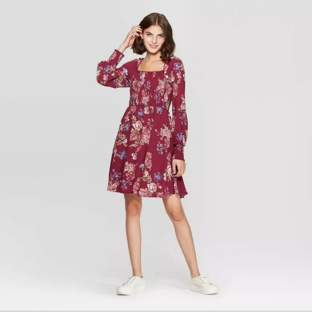 Xhilaration Burgundy Floral Long Sleeve Dress medium
